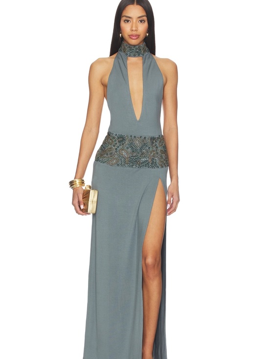 Jaded London Dresses & Skirts - Halter Neck Embellished Waist Maxi Dress in Slate Blue